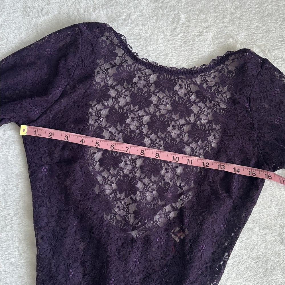 Purple Sheer Floral Lace‎ Long Sleeve Romantic Feminine Open Back Bodysuit M - Picture 5 of 9